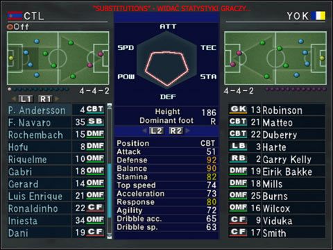 Na środku widzimy tabelę z atrybutami gracza (przełączanie L2/R2) - Match Mode - Formation Settings | Ustawienia w Pro Evolution Soccer 3 - Pro Evolution Soccer 3 - poradnik do gry
