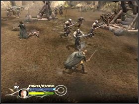 W tył zwrot i ruszaj na lewe skrzydło, gdzie znajdują się dwie załadowane katapulty po drodze wyżynaj naturalnie mrowia orków i Uruków - The sauthern gate - Droga Aragorna, Legolasa oraz Gimliego - Władca Pierścieni: Powrót Króla - poradnik do gry