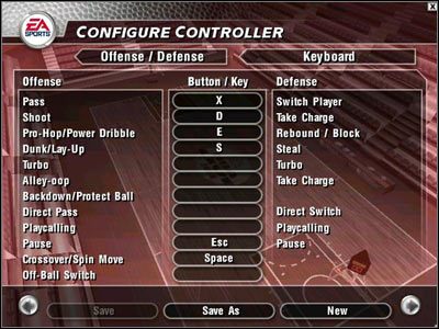 Tak wygląda wyjściowe ustawienie klawiszy - Options | NBA Live 2004 - NBA Live 2004 - poradnik do gry