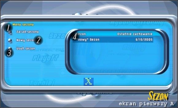 Powyższy ekran pojawia się wyłącznie wtedy, gdy wcześniej został stworzony i zapisany dowolny sezon - Sezon | Tryby gry NHL 2001 - NHL 2001 - poradnik do gry