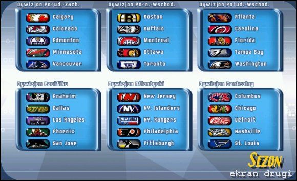 Ekran przedstawia poszczególne dywizje i drużyny znajdujące się w nich - Sezon | Tryby gry NHL 2001 - NHL 2001 - poradnik do gry