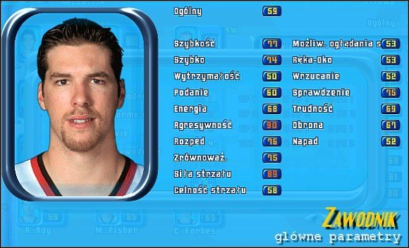 Każdy przypisany ma do siebie 17 różnych zdolności i ocenę jak dobry jest w niej, w zależności w czym jest dobry, będzie pełnił inna funkcję na lodowisku - Zawodnik | Podstawy rozgrywki NHL 2001 - NHL 2001 - poradnik do gry