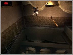 Najpierw przebiegamy po ścianie [45] , aby dostać się na kolejny podest, z którego również wbiegając na ścianę i w odpowiednim momencie wykonując odbicie dostaniemy się na zawieszony drążek [46] - Had I really seen Her? - Prince of Persia: Piaski Czasu - poradnik do gry