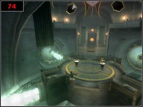 Żeby dostać się na środkowa platformę należy pociągnąć za uchwyt [73] i szybko wbiec na wsuwający się ponownie chodnik, po czym oddać skok w kierunku platformy [74] - The Palaces defense system - Prince of Persia: Piaski Czasu - poradnik do gry