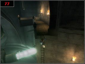 Ostatnim zadaniem w tej lokacji jest wspięcie się na drabinę i otwarcie bramy - wystarczy podskoczyć w wyznaczonym miejscu i pociągnąć za dźwignię - The Palaces defense system - Prince of Persia: Piaski Czasu - poradnik do gry