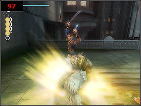 Do ogrodu z sadzawka dostajemy się po ścianie [96] , korzystając z drewnianych dachów - Ill try to find a way in - Prince of Persia: Piaski Czasu - poradnik do gry