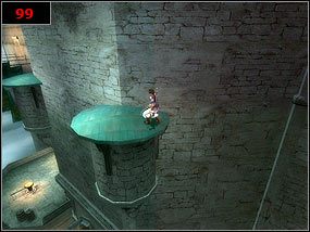 Biegnąc po ścianie tuż pod naszymi nogami oberwie się chodnik [98] - nie należy się tym przejmować, gdyż szczęśliwie wylądujemy na dach jednej z wieżyczek [99] - Climbing the tower - Prince of Persia: Piaski Czasu - poradnik do gry