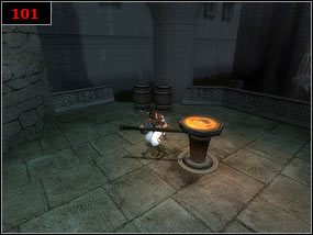 Skacząc od flagi do flagi [100] dostajemy się na niższy poziom, gdzie znajduje się dźwignia odpowiedzialna za otwarcie bramy [101] - należy ja obrócić - Climbing the tower - Prince of Persia: Piaski Czasu - poradnik do gry