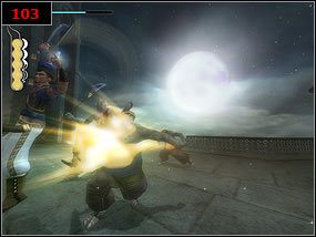 Z wyższego poziomu opuszczamy się na niższy [102] i toczymy pojedynek z wieloma przeciwnikami [103] - Climbing the tower - Prince of Persia: Piaski Czasu - poradnik do gry