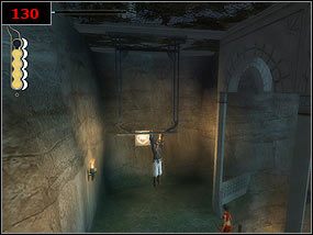 Ze skalnego występu [129] opuszczamy się na poziom, gdzie znajduje się brama, po czym pociągamy za dźwignie [130] , aby księżniczka mogła do nas dotrzeć - Cliffs and waterfall - Prince of Persia: Piaski Czasu - poradnik do gry