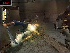 Na górze wchodzimy do pomieszczenia i toczymy walkę ze standardowymi przeciwnikami [147] - Theres something glowing up there - Prince of Persia: Piaski Czasu - poradnik do gry