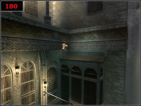 Docieramy do końca tarasu i skaczemy na drążek [179] , a potem na kolejny aż dotrzemy na dach [180] , po którym wspinamy się na górę - The drawbridge - Prince of Persia: Piaski Czasu - poradnik do gry