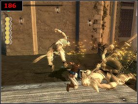 Z górnego poziomu chodzimy po rusztowaniu [185] i idziemy na most, na którym już na nas czekają tabuny wrogów [186] - The drawbridge - Prince of Persia: Piaski Czasu - poradnik do gry