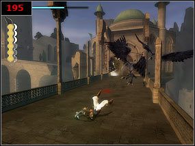Z zewnątrz czekan nas walka z ptakami [195] - najlepsza metoda to obrona i natychmiastowy atak zaraz po ataku przeciwnika - A broken bridge - Prince of Persia: Piaski Czasu - poradnik do gry