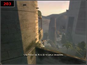 Z drugiej kolumny ponownie przeskakujemy na krawędź i trzymając się jej przechodzimy pod przewróconą kamienną kolumną [202] - Ill meet You at the baths - Prince of Persia: Piaski Czasu - poradnik do gry