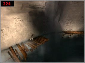 Podczas biegania po ścianach i drewnianych kładkach musimy wykazać się szybkością, gdyż jak tylko na nie wejdziemy zaczynają drżeć [223] i po chwili spadają w przepaść [224] - A cavern of ladders - Prince of Persia: Piaski Czasu - poradnik do gry