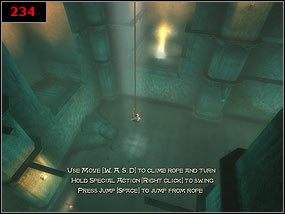 Ostatnie zadanie na tym etapie polega na wspięcie się na podwyższenie (uwaga na śliskie obuwie), skok na linę [234] i po rozbujaniu jej skok do punktu zapisu gry - An underground reservoir - Prince of Persia: Piaski Czasu - poradnik do gry