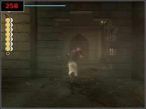 Przebiegamy nad zawalonym korytarzem po ścianie, odbijając się w ostatnie fazie [257] , po czym ponownie rozbijamy popękany mur [258] - What did You call me? - Prince of Persia: Piaski Czasu - poradnik do gry
