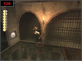 Na niższych poziomach skaczemy z drążka na drabinę [327] , a potem ponownie na drążki [328] - A prisoner seeking an escape - Prince of Persia: Piaski Czasu - poradnik do gry