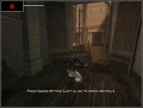 Na przeciwne mury dostaniemy się przebiegając po ścianie [5] i lądując na drewnianej kładce - The Maharajahs Treasure Vaults - Prince of Persia: Piaski Czasu - poradnik do gry