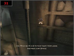 Przechodzimy po walących się skalnych występach [30] - gdy jakiś zawali nam się pod nogami, opuszczamy się na wyższy bądź wspinamy się na ten powyżej - You have unleashed The Sands of Time - Prince of Persia: Piaski Czasu - poradnik do gry