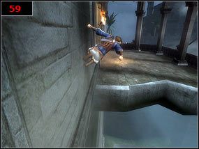 W dużej sali, w której celem jest dostanie się na sam dół zaczynamy od przeskoczenia na drugą stronę [58] , po czym wychodzimy na taras i przebiegamy nad zawaloną częścią po murze [59] - A secret passage - Prince of Persia: Piaski Czasu - poradnik do gry