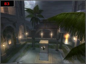 Wbiegamy na ścianę, aby uruchomić zapadnię [82] , po czym szybko wskakujemy na kamienną kolumnę [83] a z niej na drążek - Death of a Sand King - Prince of Persia: Piaski Czasu - poradnik do gry