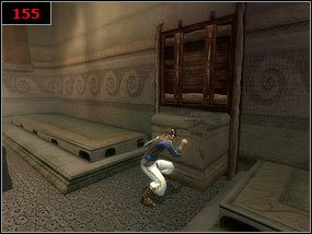 Skok na dźwignię [154] powoduje, że zasuwa podnosi się i możemy wsunąć blok skalny w otwór [155] - Above the baths - Prince of Persia: Piaski Czasu - poradnik do gry