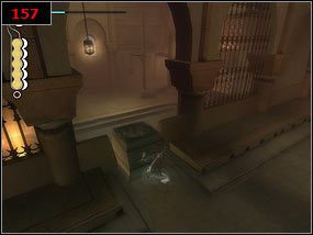 Wracamy tą samą drogą, którą przyszliśmy [156] , uważając na huśtające się drewniane bale - Above the baths - Prince of Persia: Piaski Czasu - poradnik do gry