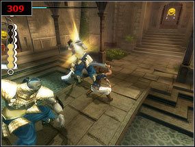 Pod zasuwającą się bramą koziołkujemy [308] i toczymy walkę z dużymi przeciwnikami [309] - Hall of learning coutyards - Prince of Persia: Piaski Czasu - poradnik do gry