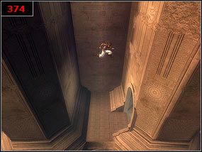 Później czekają nas skoki po drążkach (flagi) [373] , oraz zeskakiwanie pomiędzy wieżą a ścianą [374] - The setting sun - Prince of Persia: Piaski Czasu - poradnik do gry