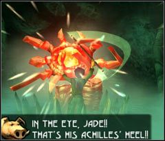 Biegnij w stronę bossa reprezentowanego przez widoczne na screenie wielkie oko - Beyond Good & Evil - poradnik do gry