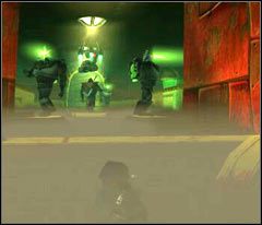 Znajdziesz się w pomieszczeniu z czterema żołnierzami Alpha Sections i działkami, które po wszczęciu alarmu błyskawicznie zabiją Jade - 56 Slaughterhouse | Beyond Good & Evil - Beyond Good & Evil - poradnik do gry