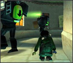 Gdy strażnik znów się odwróci stań za nim (na prawo od niego patrząc z ujęcia kamery) a gdy będzie patrzył w dół ruszaj dalej (drobne skoki są jak najbardziej wskazane) - 69 Hillys | Beyond Good & Evil - Beyond Good & Evil - poradnik do gry