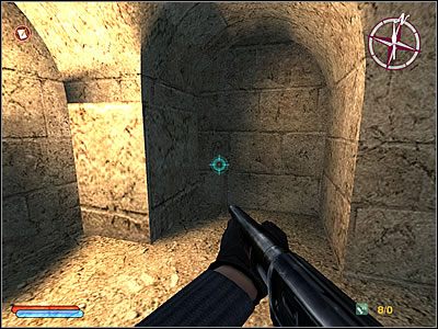 Po oczyszczeniu okolicy przeszedłem kolejną bramę prowadzącą przez zniszczony pasaż do kolejnej sali, z widocznym po drugiej stronie końcem wędrówki (czerwony napis FINISH) - Misja 2 - Próba ognia (karabinowego) | Contract JACK - Contract J.A.C.K. - poradnik do gry