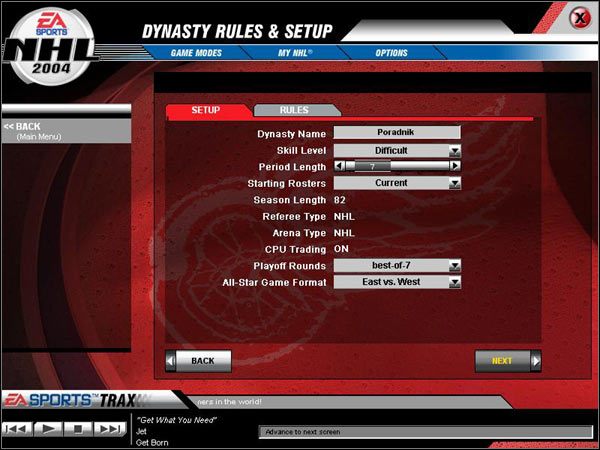 Panel zawiera zakładki SETUP oraz RULES (podstawowe zasady) - NHL 2004 - poradnik do gry