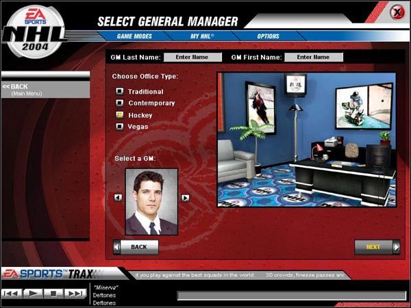 Podajemy szybko imię i nazwisko Generalnego Managera (pewnie będzie to nasze imię i nazwisko), wybieramy rodzaj wystroju biura, zdjęcie i przechodzimy do panelu wyboru drużyny, która będziemy prowadzić - Wybór Generalnego Managera | NHL 2004 - NHL 2004 - poradnik do gry
