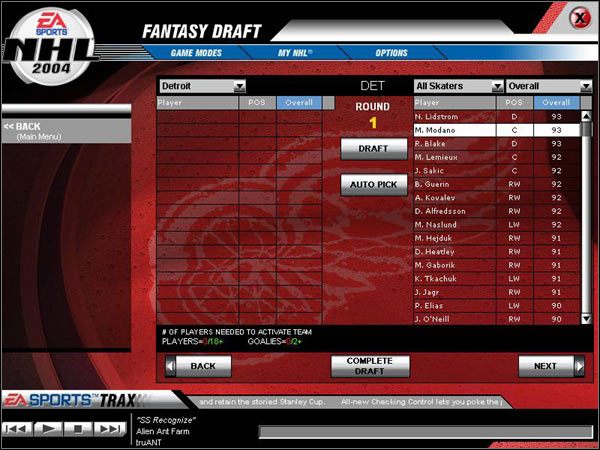 Po prawej stronie lista dostępnych zawodników, pole filtrowania według pozycji, pole sortowania według atrybutów - Fantasy Draft | NHL 2004 - NHL 2004 - poradnik do gry