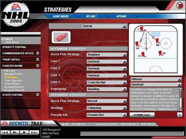 Ekran podzielony jest na dwie główne części: strategie ofensywne (OFFENSIVE STRATEGY) oraz strategie obronne (DEFENSIVE STRATEGY) - Taktyki trenerskie | NHL 2004 - NHL 2004 - poradnik do gry