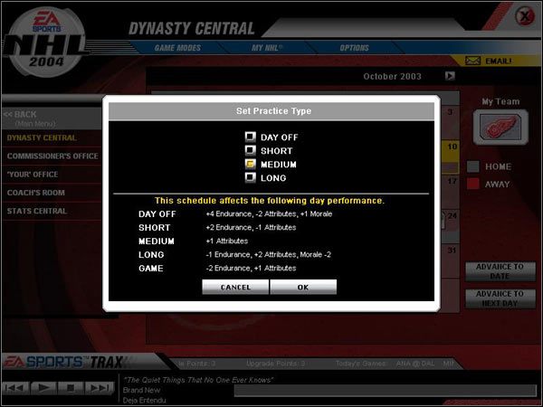 Treningi należy ustawiać w zależności od potrzeb drużyny (sprawdzamy w COACHS ROOM/ Progress Report), ale należy to robić z zachowaniem następujących zasad - Trening | NHL 2004 - NHL 2004 - poradnik do gry