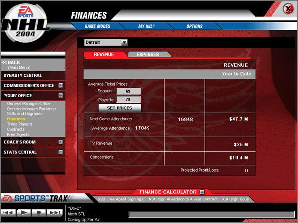 Tabelka, którą widzimy ukazuje wpływy (REVENUE) oraz wydatki (EXPENSES) drużyny - Finanse | NHL 2004 - NHL 2004 - poradnik do gry