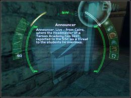 Jeśli chcesz możesz podejść do panelu informacyjnego i poczytać sobie o zatrzymaniu dyrektora Tarsus Academy w Arcology - Trier Streets #1 | Trier | Deus Ex Invisible War - Deus Ex: Invisible War - poradnik do gry