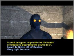 Leo skrywa się w niewielkim kontenerze na lewo od wejścia do UNATCO - Liberty Island West Side | New York | Deus Ex Invisible War - Deus Ex: Invisible War - poradnik do gry