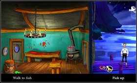 Idziemy na sam koniec pomostu i klikamy kilkukrotnie na pierwszej z brzegu desce aby spłoszyć ptaka, gdy wzbije się w powietrze wystarczająco wysoko, szybko zabieramy rybę (fish) - Cz. I - Trzy próby (Początek) | Opis przejścia The Secret of Monkey Island - The Secret of Monkey Island - poradnik do gry