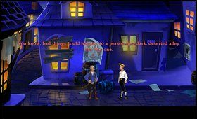 Wychodzimy ze sklepu, za rogiem słyszymy ciche nawoływania, możemy za nimi podążyć by wysłuchać co antypatyczny Fester Shinetop ma nam do powiedzenia - Cz. I - Trzy próby (Początek) | Opis przejścia The Secret of Monkey Island - The Secret of Monkey Island - poradnik do gry