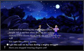 Aby opanować liczbę obelg niezbędną do pokonania mistrzyni stajemy na drogach po których snują się piraci i zaczepiamy ich (dobrym miejscem do zaczepek jest rozstaj dróg przy wejściu do lasu [M1: 4: Wejście do lasu]) - Cz. I - Trzy próby (Opanowanie fechtunku - 1) | Opis przejścia - The Secret of Monkey Island - poradnik do gry