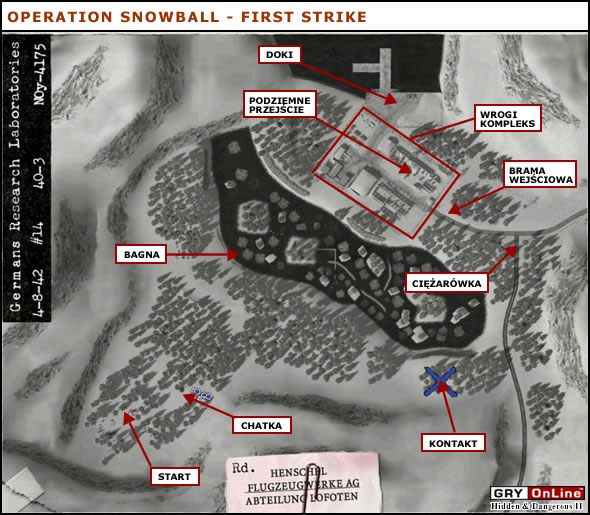 Nasze zadanie w tej misji polega na odnalezieniu naszego kontaktu, należącego do brytyjskiej siatki szpiegów i podążanie za nim bezpieczną trasą pod sam wrogi kompleks - First Strike | Operation Snowball do Hidden and Dangerous 2 - Hidden and Dangerous 2 - poradnik do gry