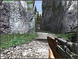 Po opuszczeniu strefy wyręby drzew przejdź przez wąski przesmyk pomiędzy skałami i dalej trzymając się lewej strony lasku aż do miejsca z widokiem na zwężenie przy drodze - Babes in the Wood | Operation Challenger | Hidden and Dangerous 2 - Hidden and Dangerous 2 - poradnik do gry