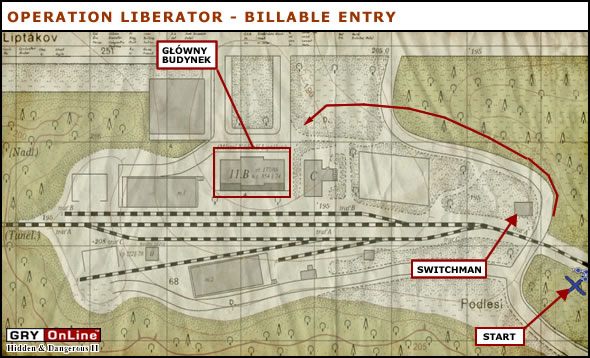 Kontakt wywiadu, posiadający cenne informacje, został schwytany i jest aktualnie przesłuchiwany w jednym z budynków na stacji kolejowej - Billable Entry | Operation Liberator | Hidden and Dangerous 2 - Hidden and Dangerous 2 - poradnik do gry