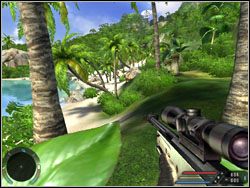 Idź na brzeg i znajdź sobie jakieś ustronne miejsce, z którego będziesz mógł eliminować kolejnych przeciwników (uważaj na patrolujący teren ponton) - Misja 03 - Fort w Far Cry - Far Cry - poradnik do gry